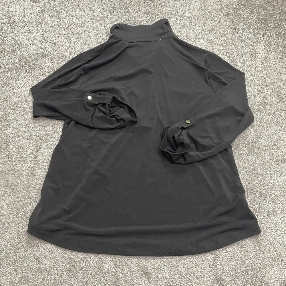 Carmen Marc Valvo 1/2 Zip Blouse Womens Large Black Roll Tab Sleeve Classic NWT - Picture 2 of 13